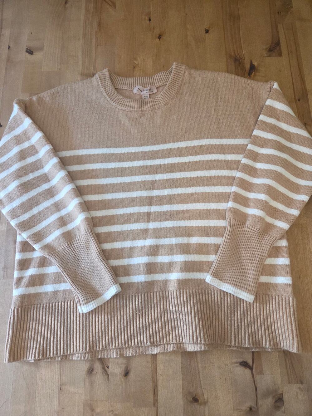 Philosophy Republic Striped Knit Sweater Women's XL Beige White Crewneck EUC